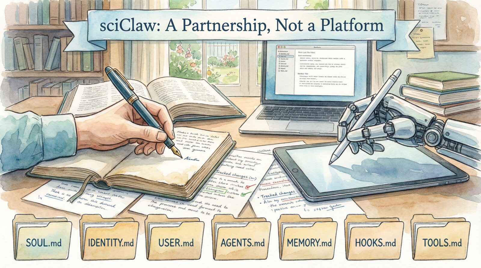 A watercolor illustration of a scientist and an AI working side by side at a desk, with seven plain-text configuration files arranged below.